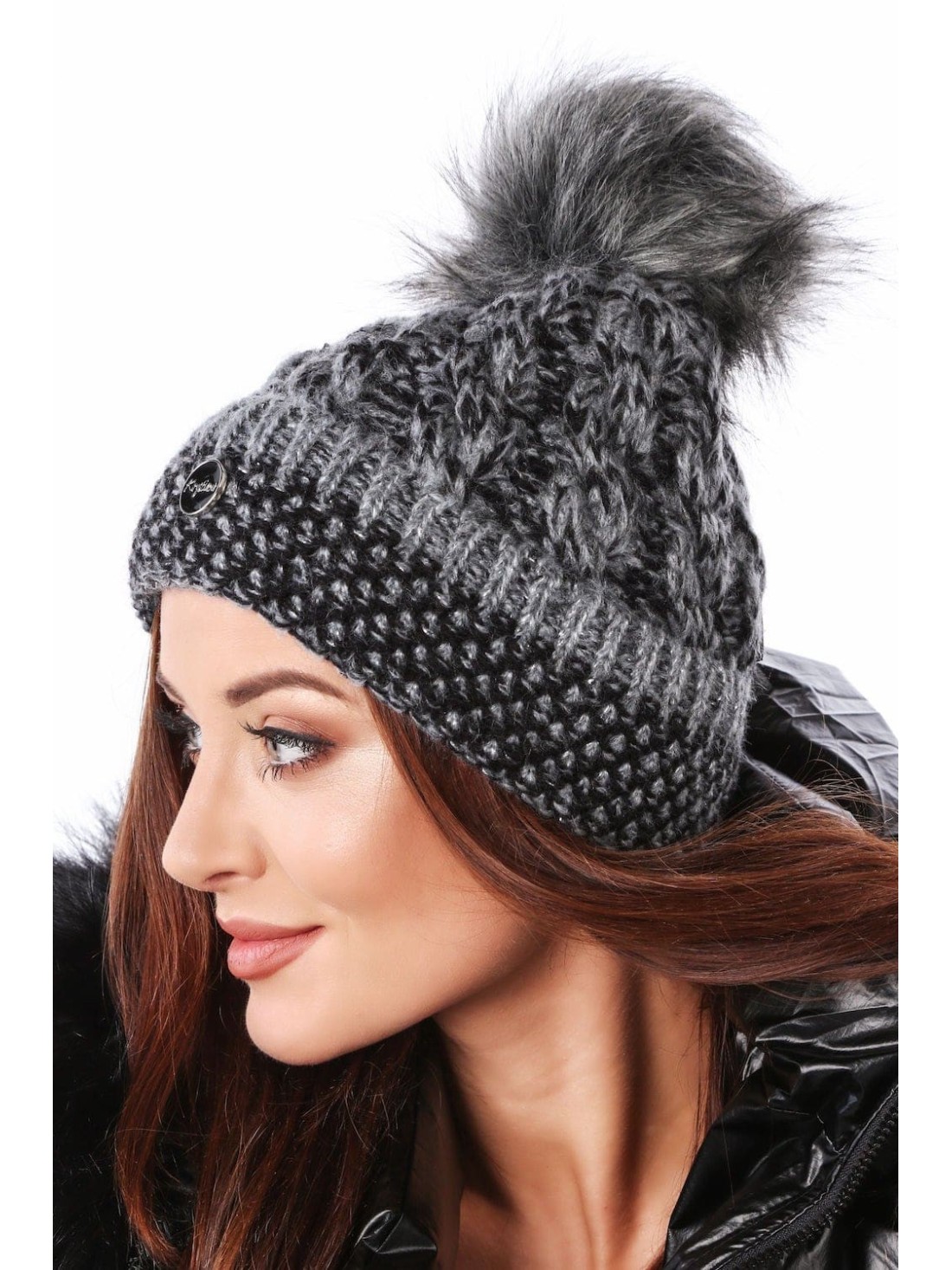 Braided winter hat with a pompom, graphite C47 - Online store - Boutique